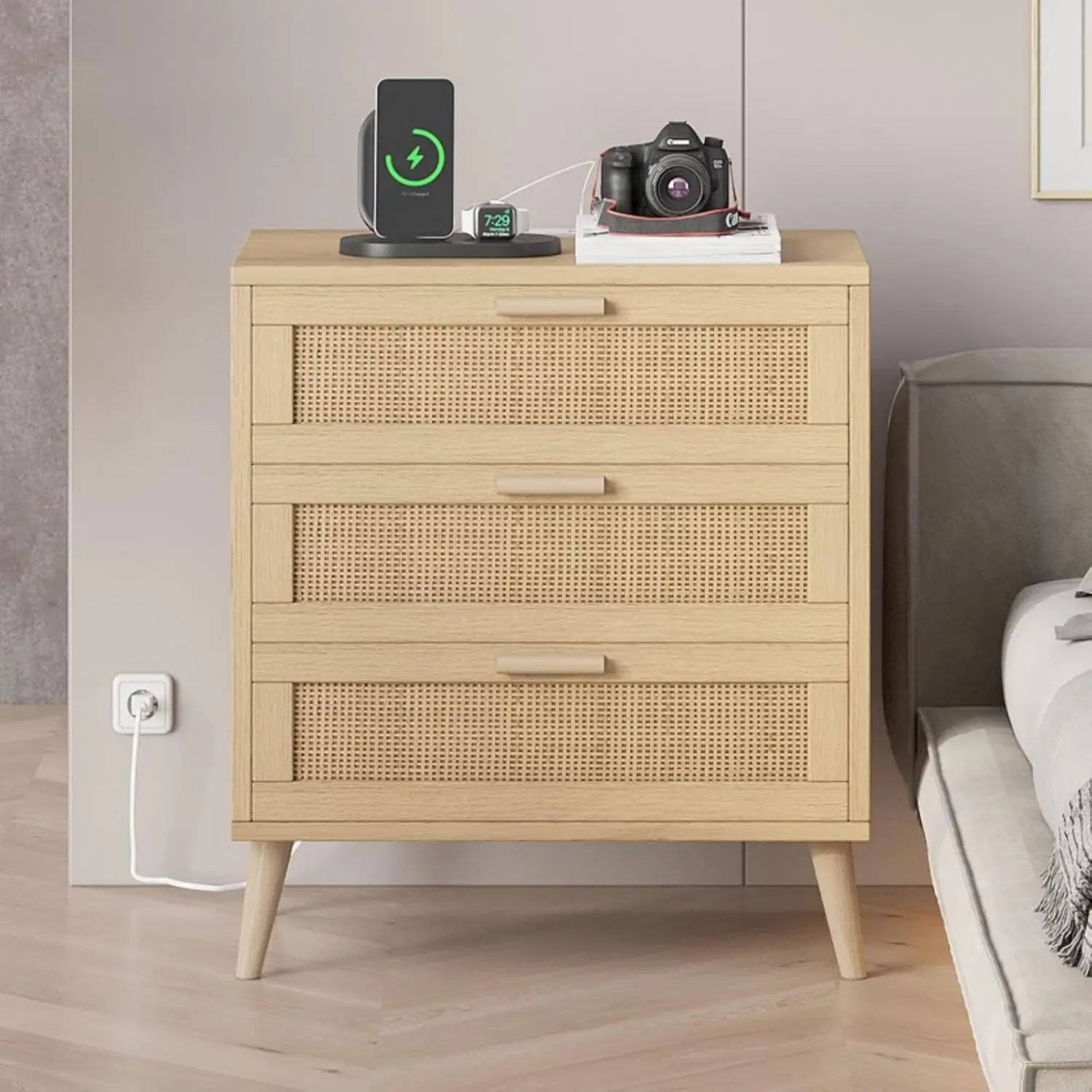 Rattan Nightstand with Charging Station, Night Stand with Rattan Decorated Drawers, Farmhouse End Table, Bedside Table