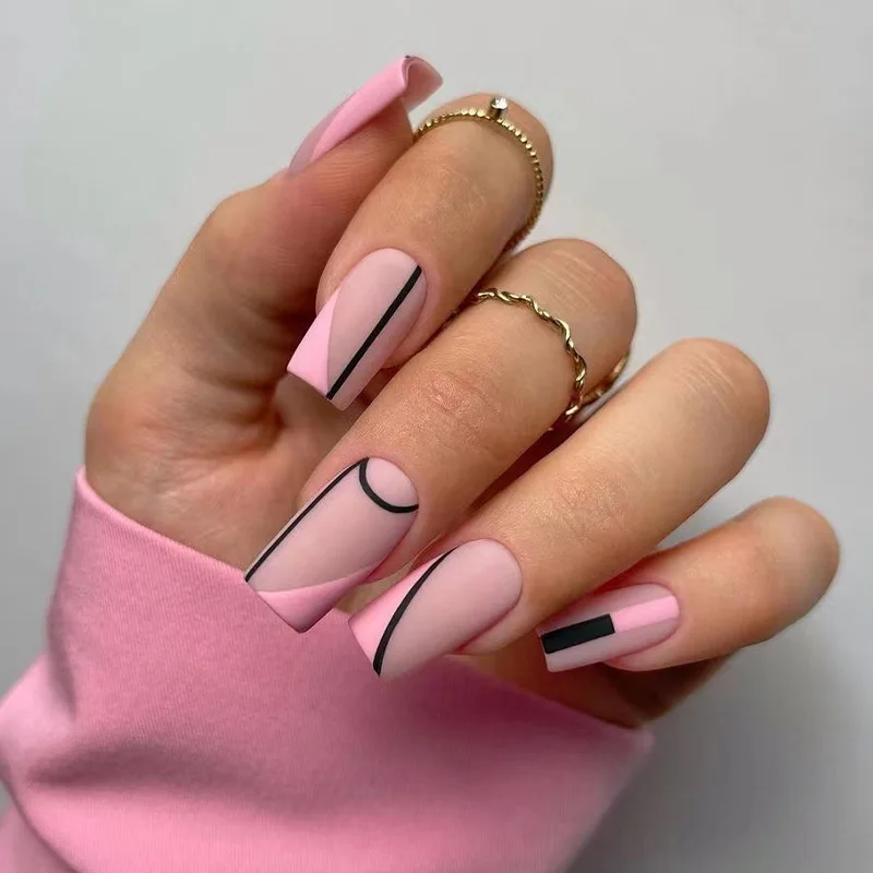 

3D fake nails set faux ongles matte pink short french tips with balck lines designs DIY manicure accessories press on false nail