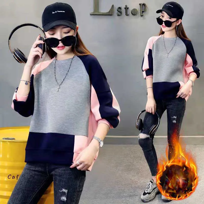 Fashion O-Neck Spliced Casual Color Sweatshirts Female Clothing 2023 Winter Loose All-match Tops Korean Warm Sweatshirts