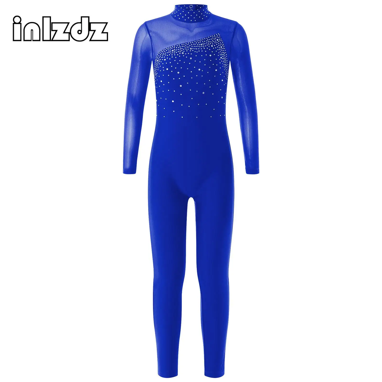 Rhinestone Long Sleeve Ballet Gymnastics Leotard Unitard Kids Girls Shiny Full Length Bodysuit Dancewear Performance Clothing