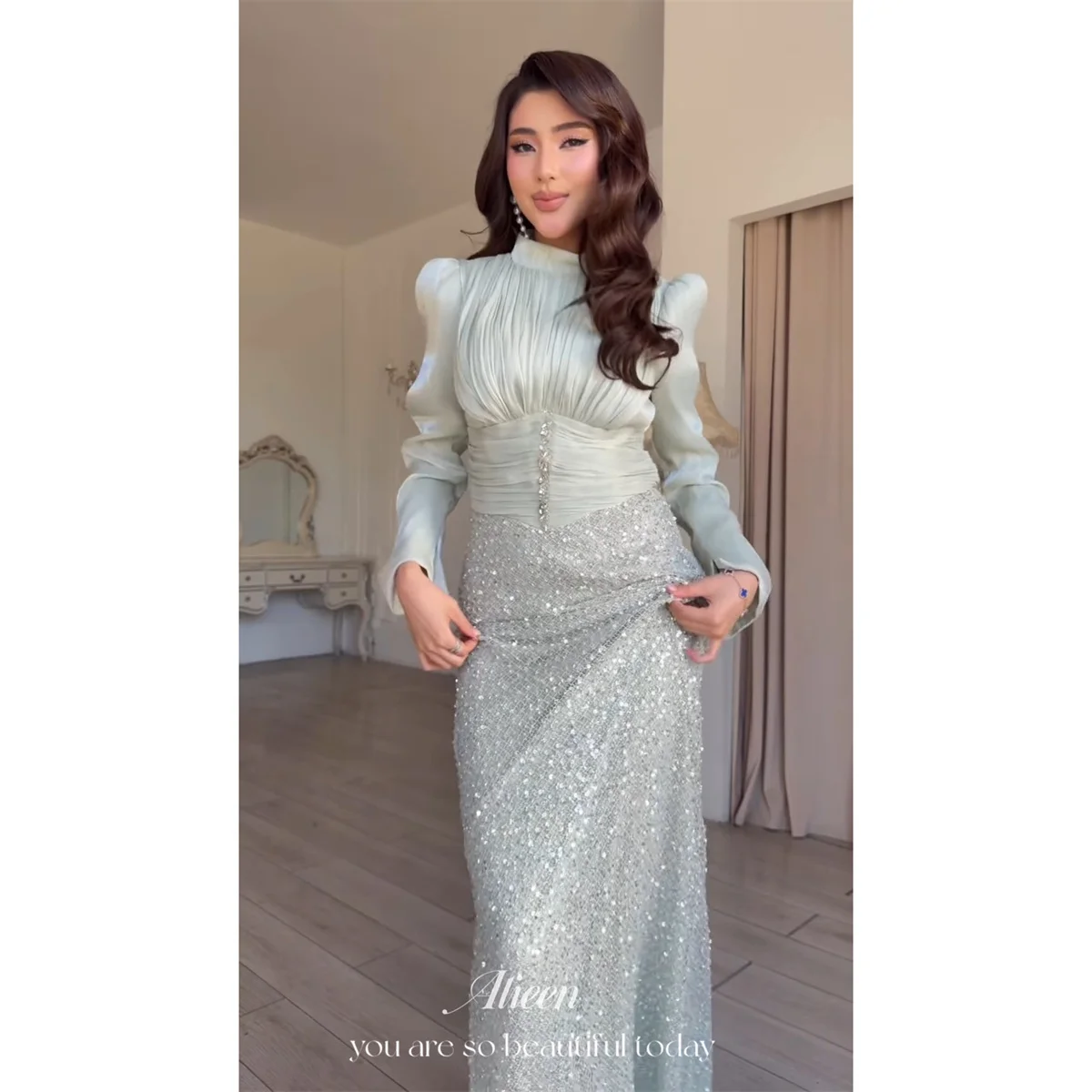 Aileen Silver Evening Dresses Mermaid High Prom Dress Floor Length women's wedding party attire Special Occasion Long Customized