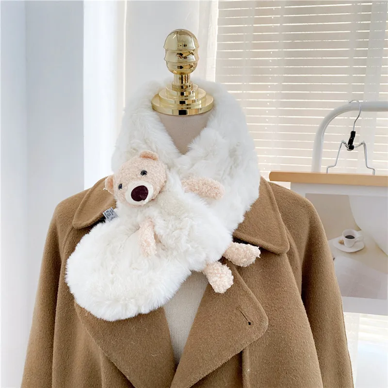 Cute Plush Bear Lace Flower Faux Fur Scarf Neckerchief Neck Wrap Winter Protection Warm Scarves Women Overcoat Detachable Collar