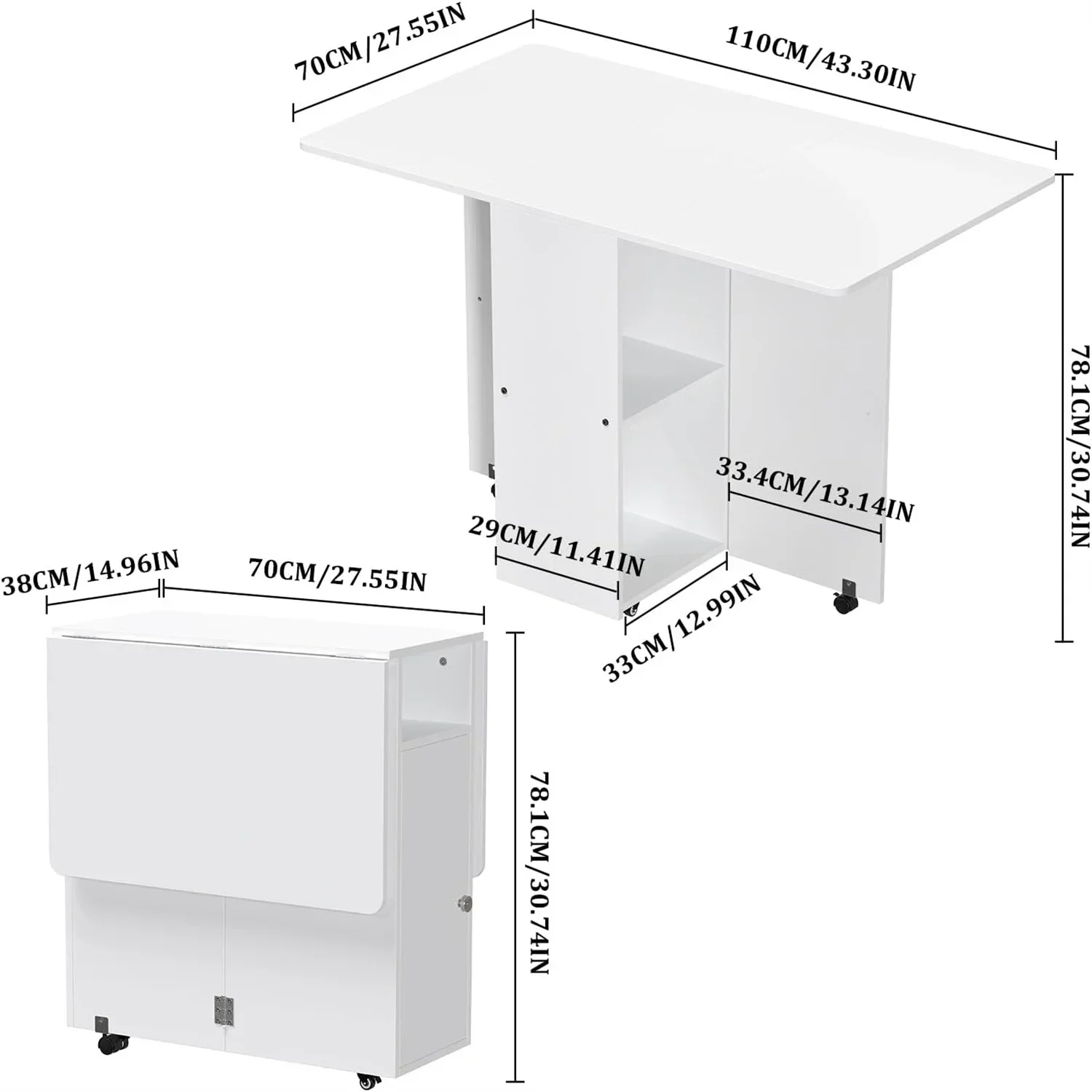 Multifunctionele, inklapbare en verrijdbare houten tafel met wielen/planken, geschikt voor keuken/woonkamer/kleine ruimtes