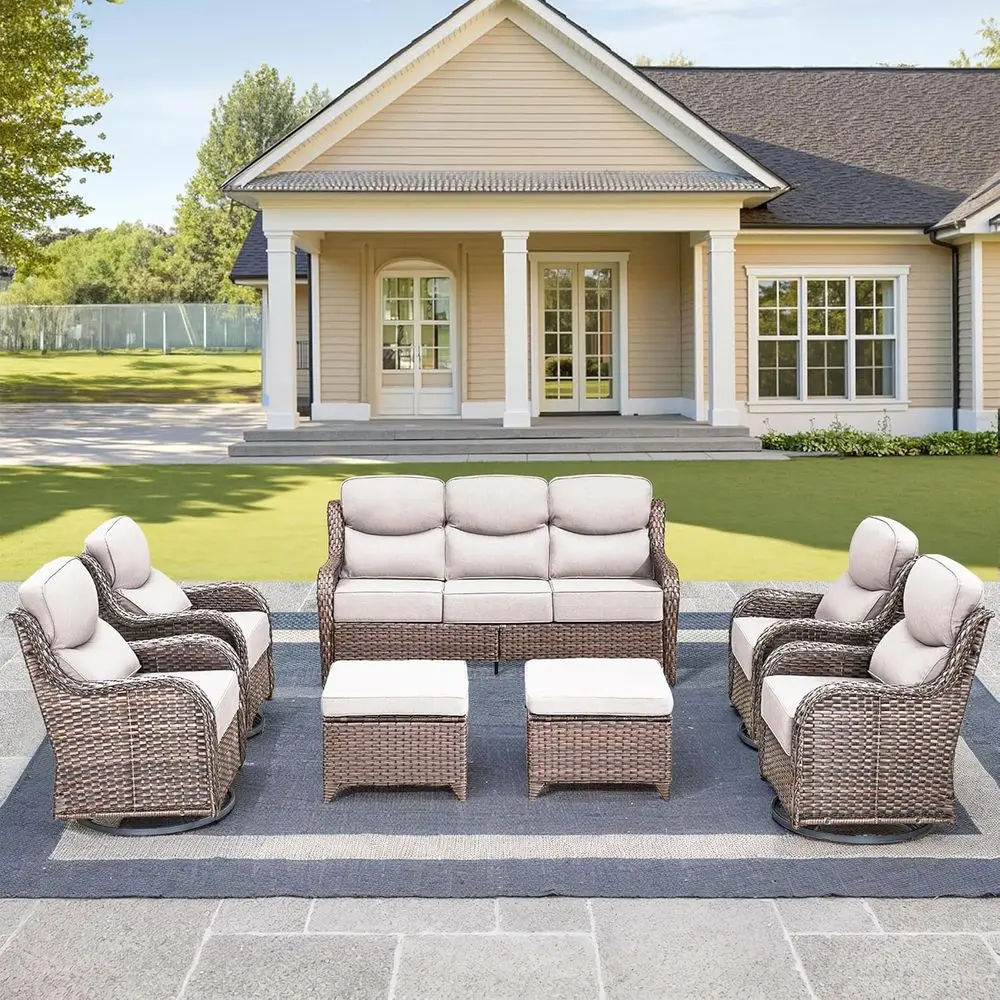 

Luxury High Back Outdoor urniture with 6-Inch Thick Cushions, Patio urniture Set with Swivel Chairs, 7 PCS Wicker Contion Set or