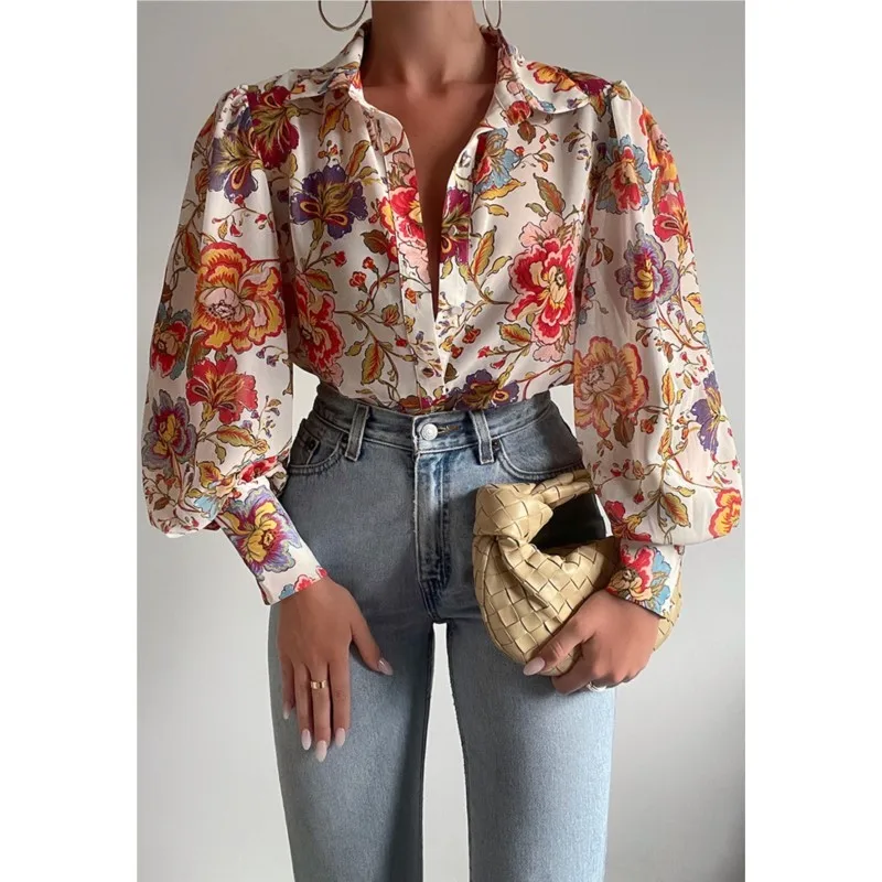 Casual Laterne Hülse Druck Hemd Bluse Frauen Mode Frühling Herbst Taste Shirts Für frauen 2024 Boho Strand Stil Shirts tops