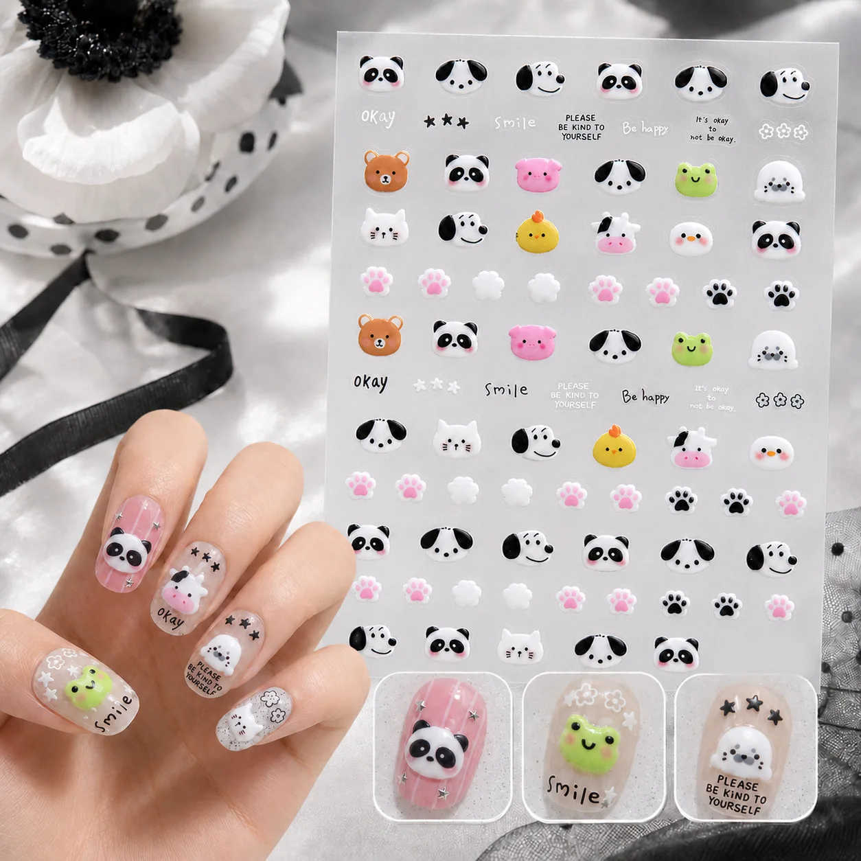 Kawaii Animal Zoo Nail Stickers 5D Jelly Panda Pig Chick Bear Rabbit Paw Print Cartoon Self‑Adhesive Nail Decals Nail Art Decora