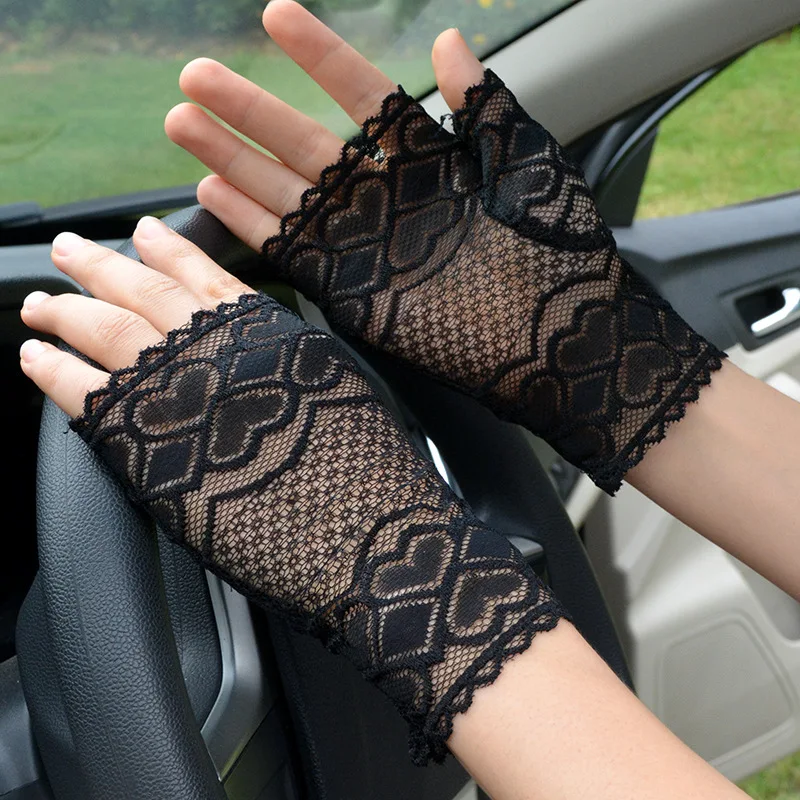 Gloves Women Fingerless Elegant Pattern Black Lace Mesh Short Thin Summer Sexy Cycling Dance Performance Breathable Lightweight