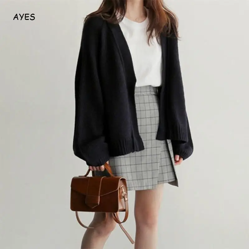 Korean Navy Blue Knit Women Sweater Short Cardigans Autumn Winter New Casual Knitwears Cardigan Long Sleeve Loose Soft Sweater