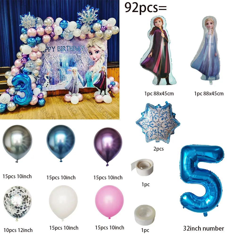 92 Uds. Fondo de pared con tema de Disney, decoración de fiesta de Frozen, globos de aluminio de Elsa y Anna, bola de números, fiesta de cumpleaños para niñas y niños