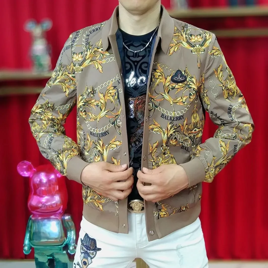 

Мужская куртка с откидным воротником на весну и осень, модная, легкая, облегающая, повседневная, из высококачественного полиэфирного волокна с принтом Jae