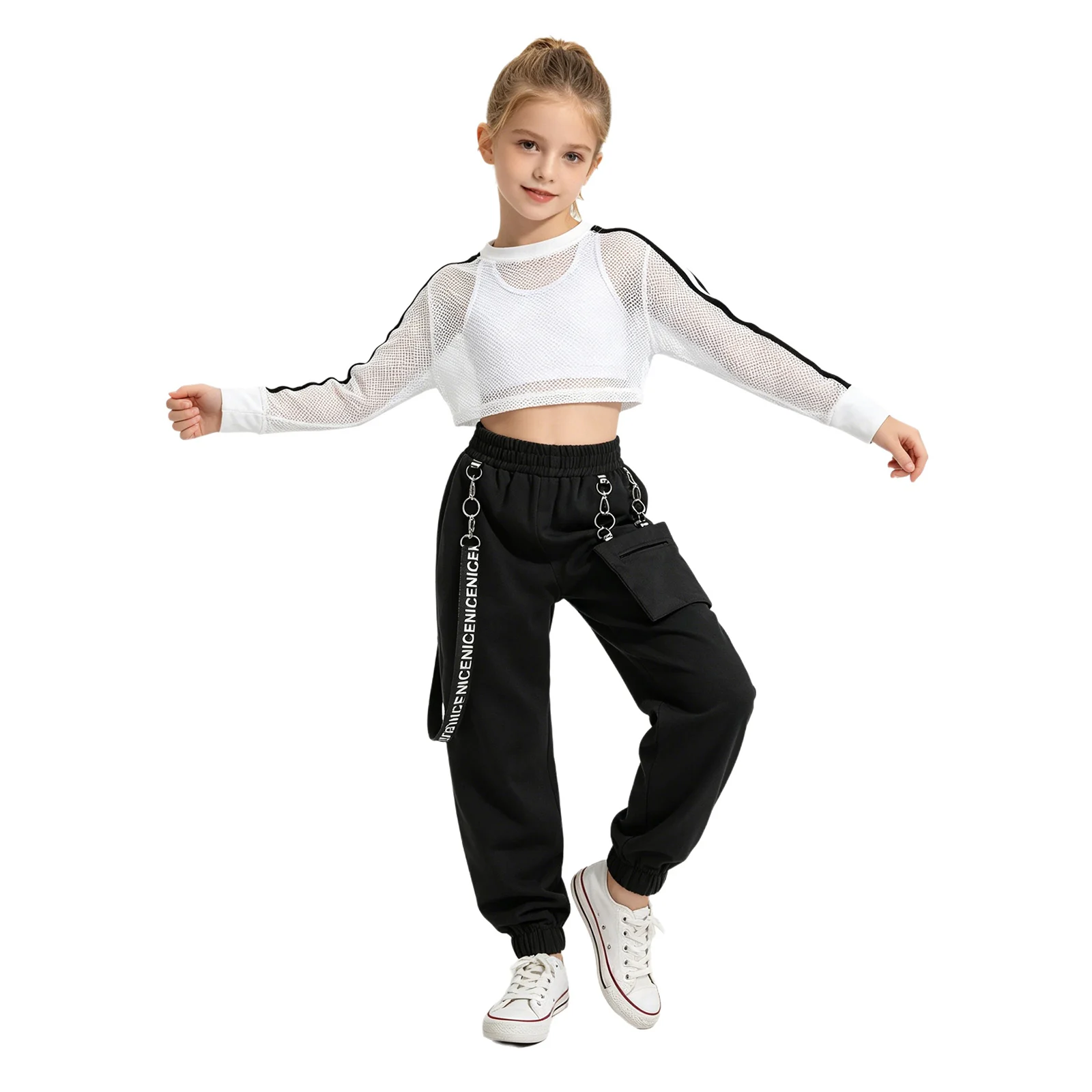 Kinder Mädchen Hip-Hop Jazz Tanz Performance Outfits: Rückenfreies Top mit Cargo-Hose und Mesh Langarm Crop Top Tanzkleidung – Detail 5
