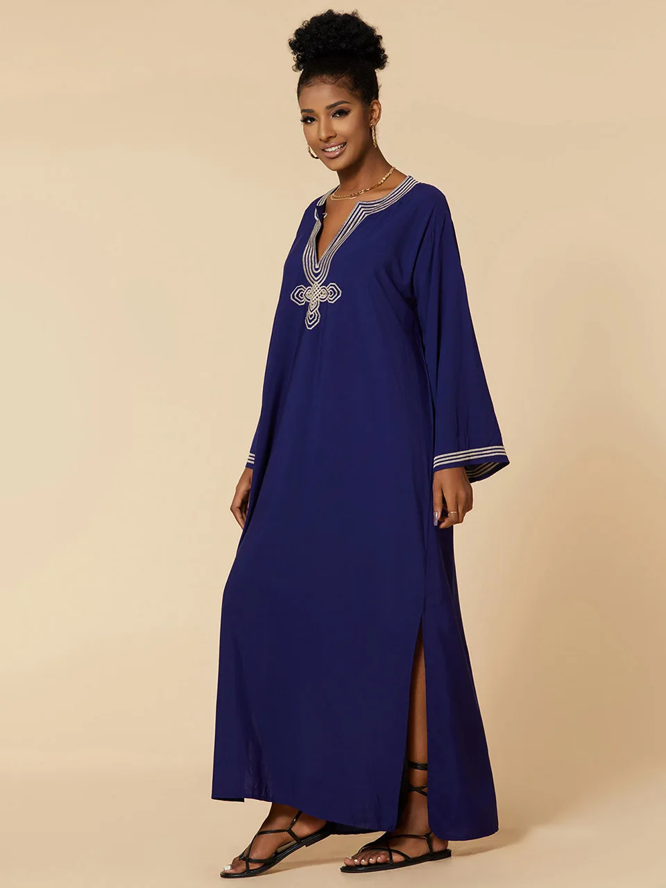 2023 New Sexy Beach Cover Up Long Kaftan Solid Embroid V-neck Dress Woman Bathing Suit Kimono Summer Beachwear Long Dress Robe