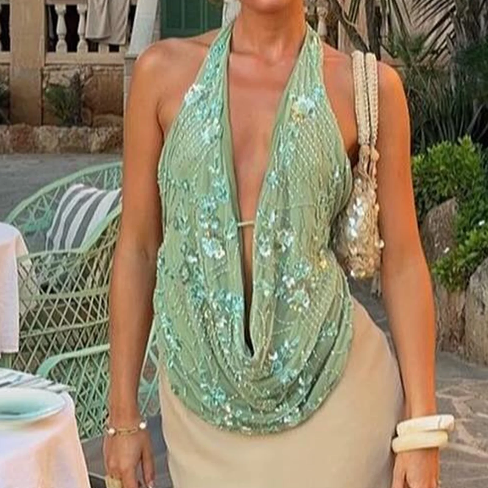 Women Print Y2K Halter Neck Vest Summer Sleeveless Open Back Fashionable Sequins Tank Tops Suit Casual Lounge Streetwear
