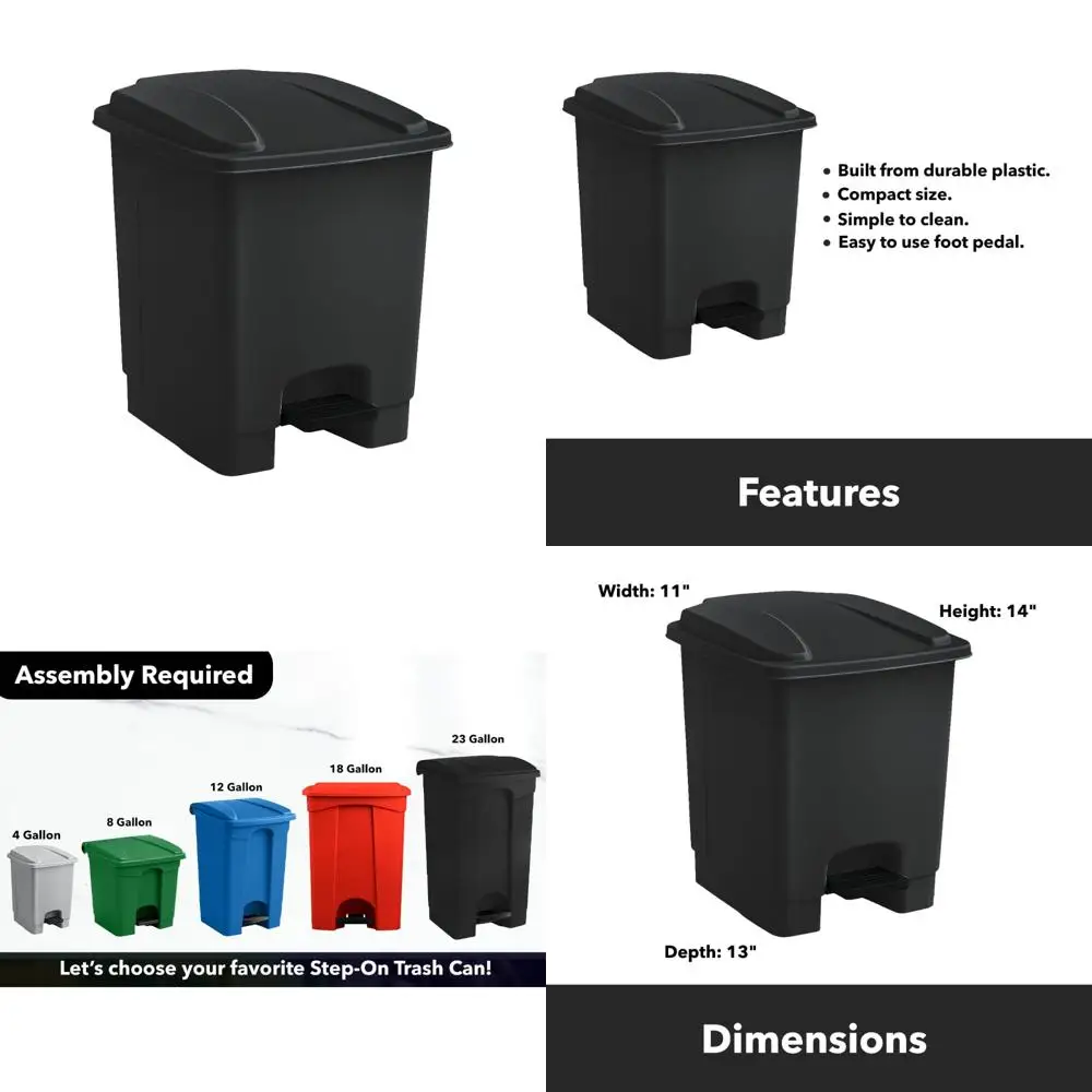 

hands-free 4-gallon black rectangular step-on waste bin for commercial use