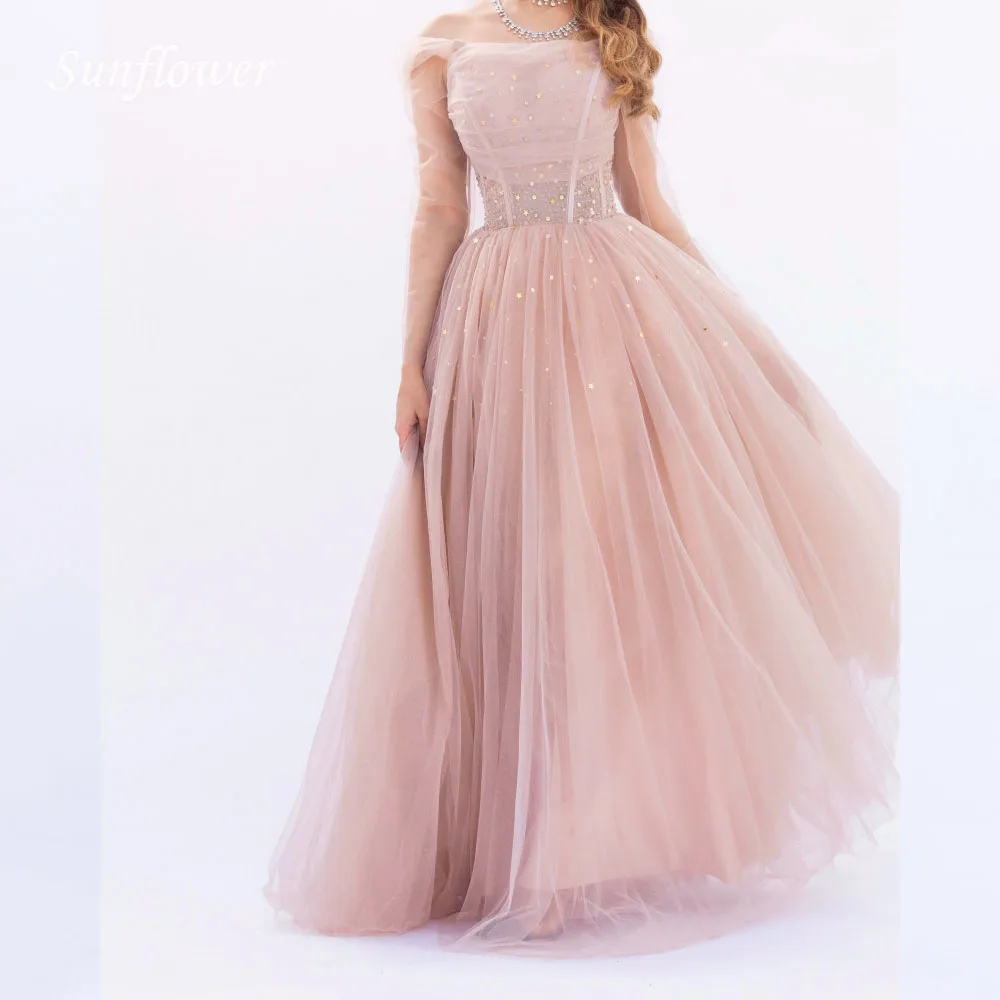 

Sunflower Boat Neck Prom Gown A-LINE Evening Dress Slim Pleat Tulle Appliques Floor-Length Party Dress 2023 High-end Custom