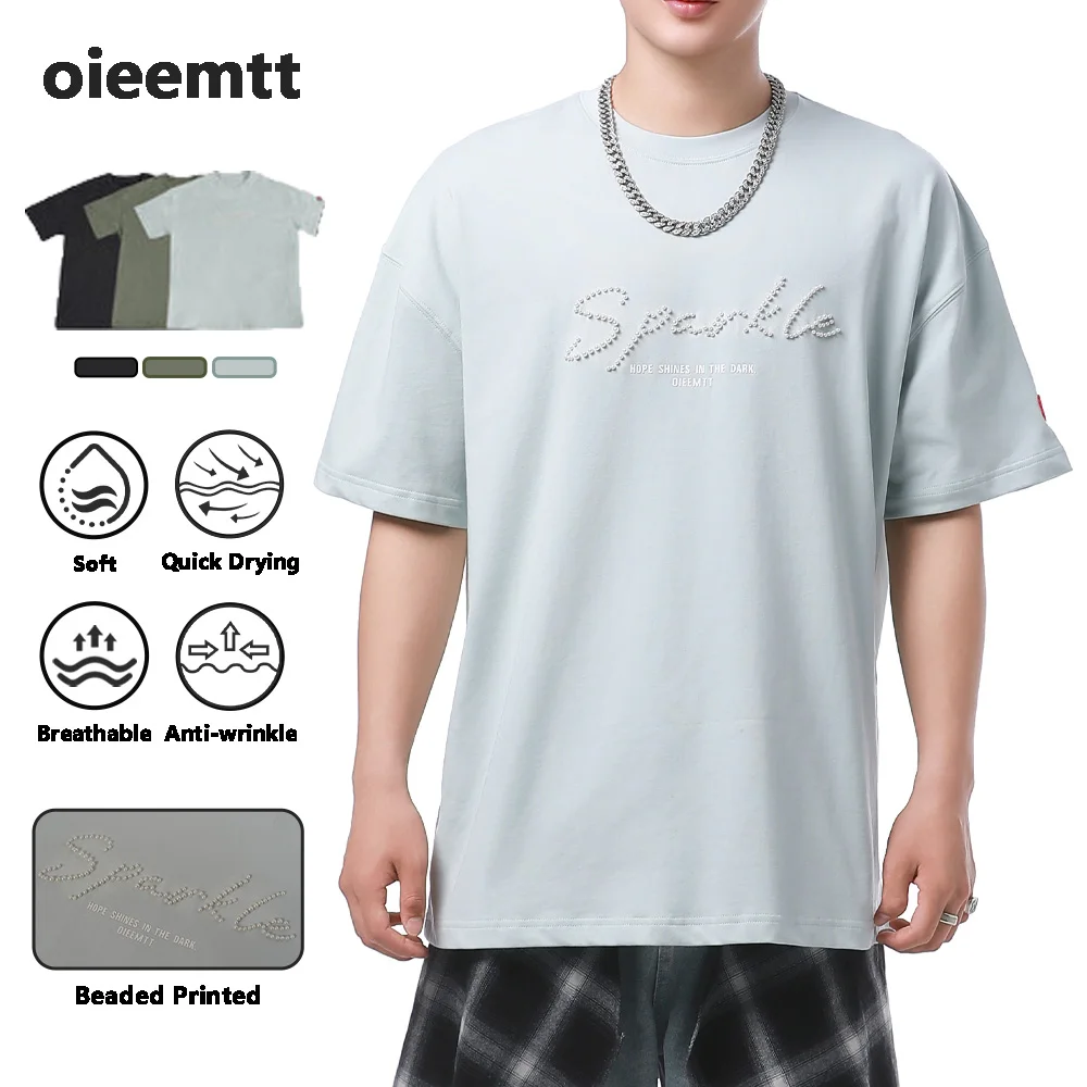 

Beaded Printed Streetwear Screen Printing Summer Cotton Top Oversized Graphic T-shirt Man High Quality Short Sleeve Tee for Men