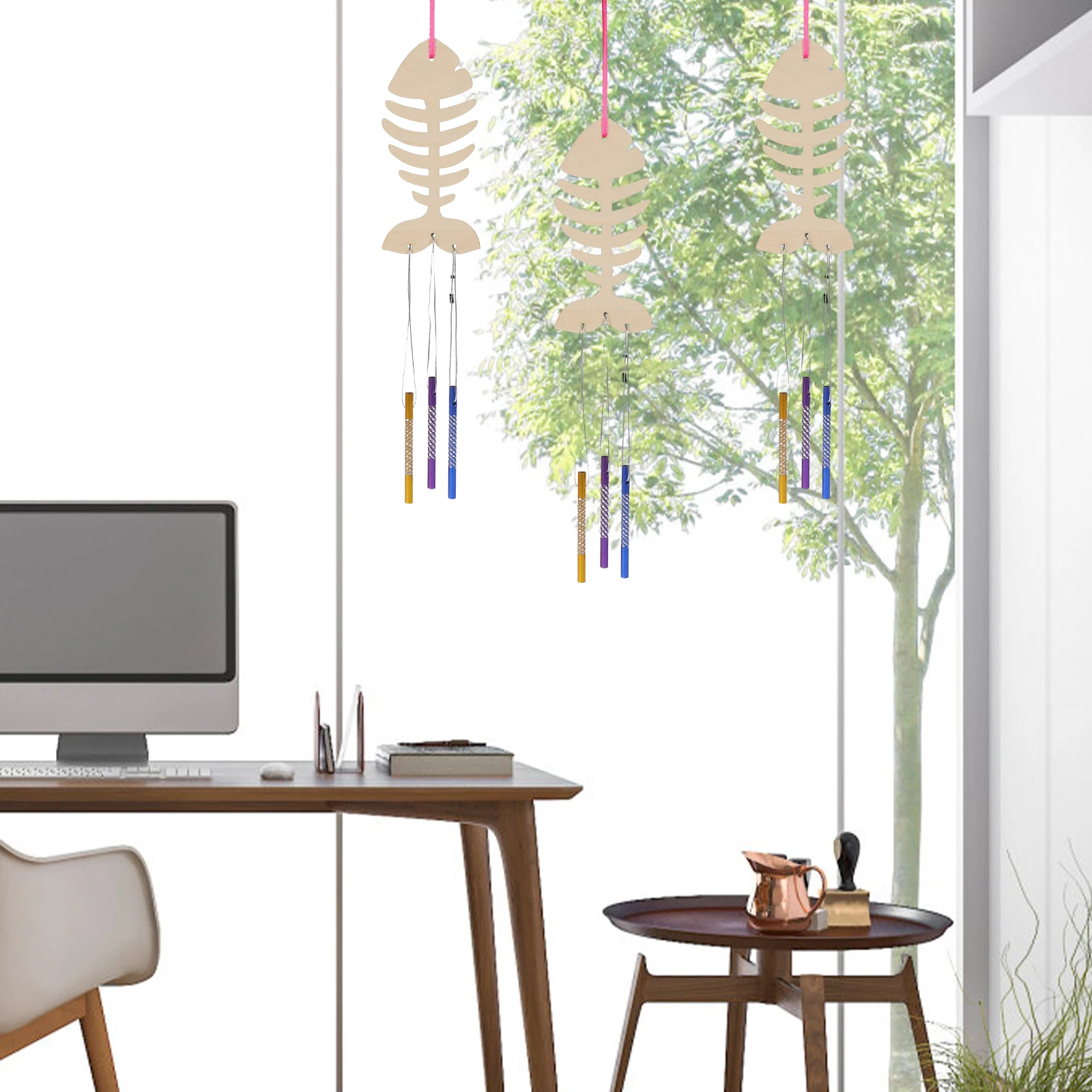 

Wooden Wind Chime DIY Kit 12 Fish Bones 48 Bells Doodle Pendant Home Decor Hanging nament Outdoor Garden Balcony Wind Chimes