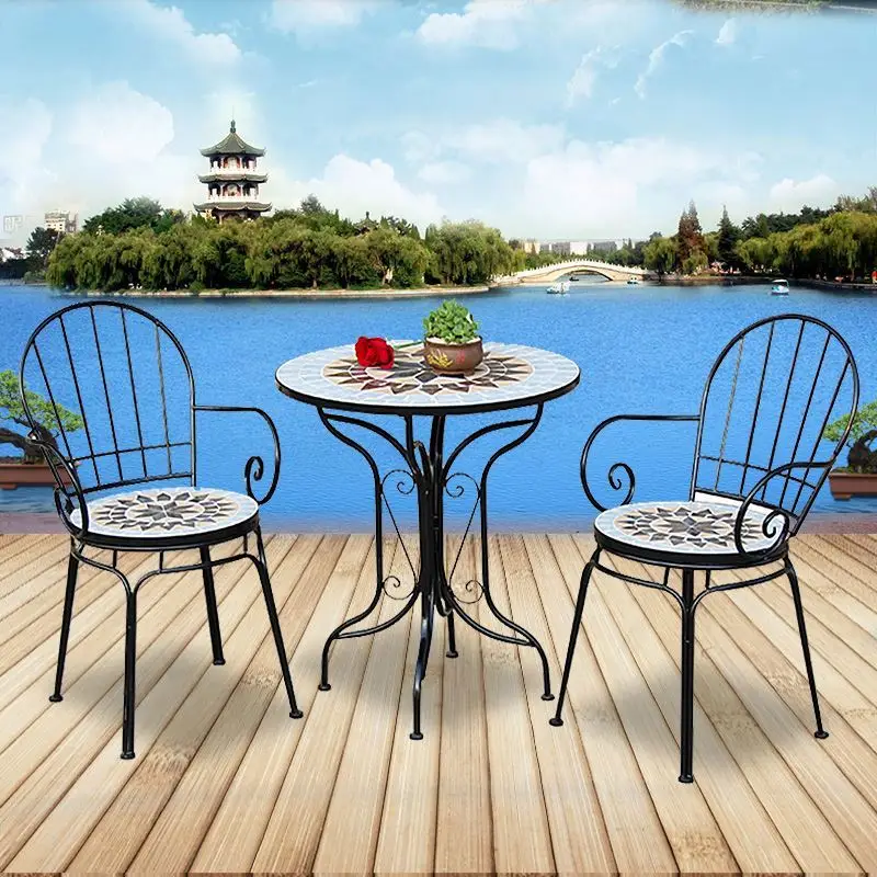 Balcony Outdoor Furniture European Style Wrought Iron Mosaic Table And Chair Three-Piece Coffee Table And Chair Set