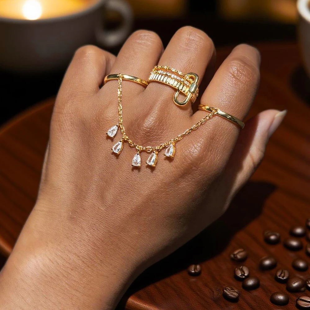 2026 New Arrivals Personalized Water Drops Tassel Chain Ring Micro Paved 5A CZ For Women Fashion Elegant Jewelry