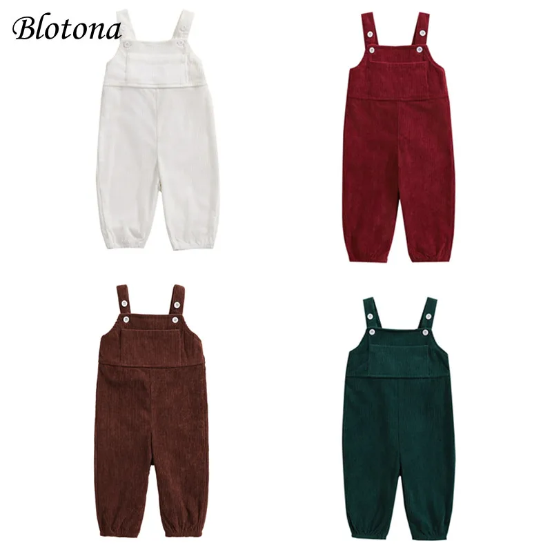 Blotona Toddler Baby Corduroy Suspender Rompers Candy Color Adjustable Strap Pocket Overalls Spring Fall Button Trousers