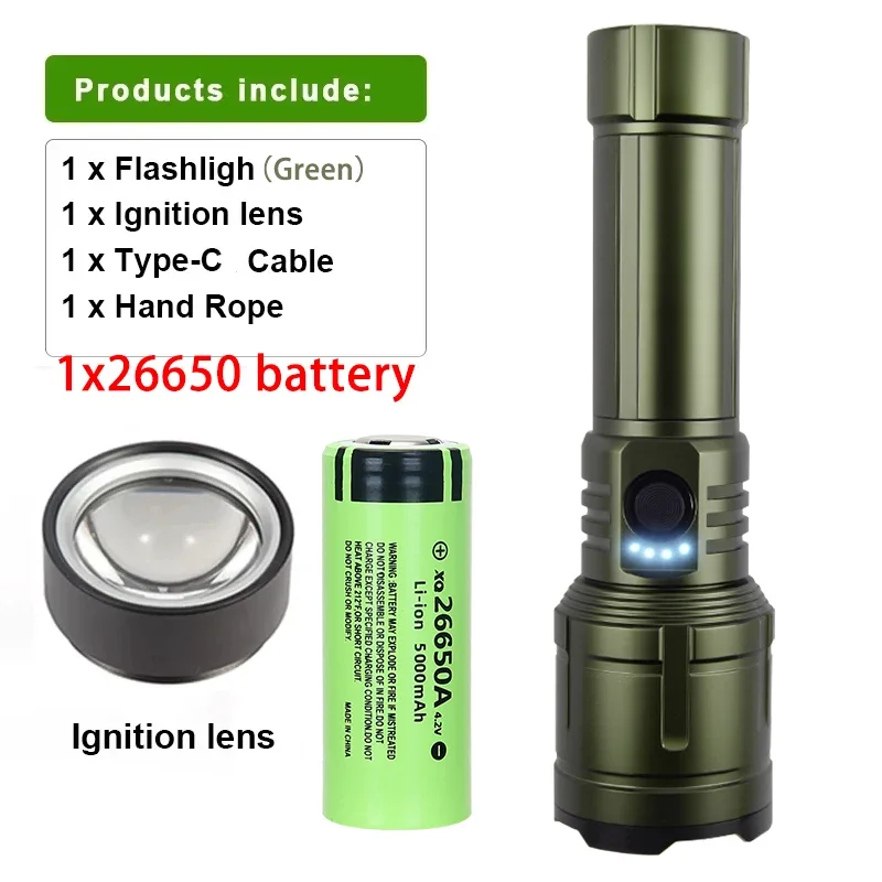 Taschenlampen-Feuerzeug- und Powerbank-Kombination, wiederaufladbar, zoombar, superheller Strahl, 5 Modi, Taschenlampe für Outdoor-Camping-Notfälle