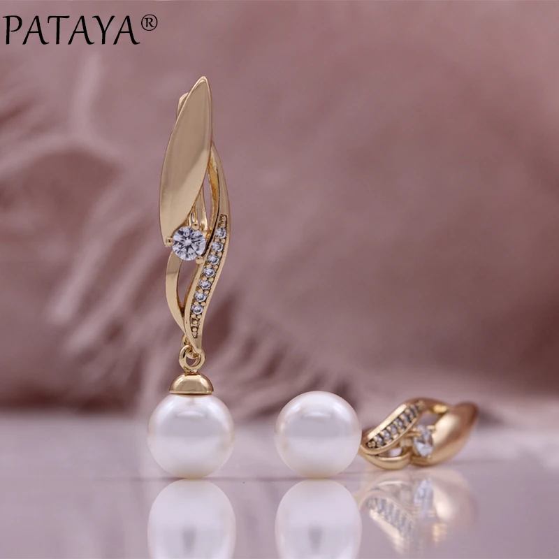 PATAYA Hot Fashion Flower Pearl Drop Earrings for Women 585 Rose Gold Color Mix Boho Ethnic Wedding Jewelry Gift