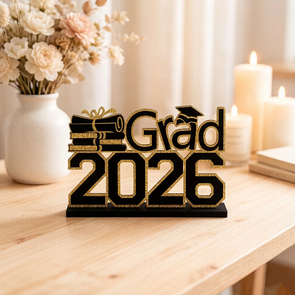 Grad 2026 Tabletop Decor - Black & Gold Graduation Sign with Cap, 2026 Graduation Party Centerpiece, Perfect Gift for Graduates