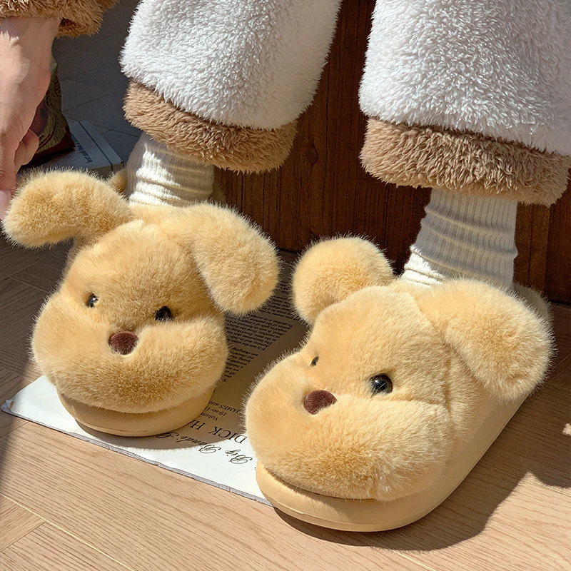 Zapatillas de interior peludas y bonitas con dibujos de cachorros para mujer, pantuflas de casa antideslizantes de piel esponjosa para invierno, chanclas cálidas de felpa Unisex, 2025