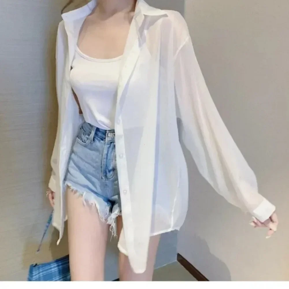 Korean Sunscreen Shirt Women 2024 Summer Clothes Fashion Bandage Blouses Elegant Loose Long Sleeve See Through White Tops