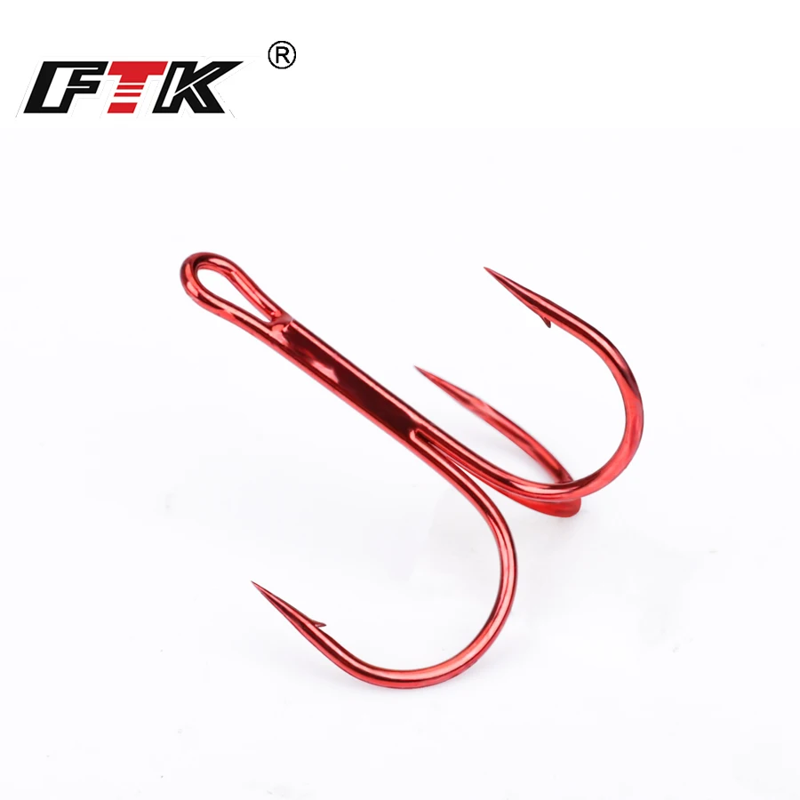 FTK 10Pcs-20Pcs amo da pesca con ancora rossa gancio per Treble spinato in acciaio ad alto tenore di carbonio curva rotonda 2/0 # amo da pesca per