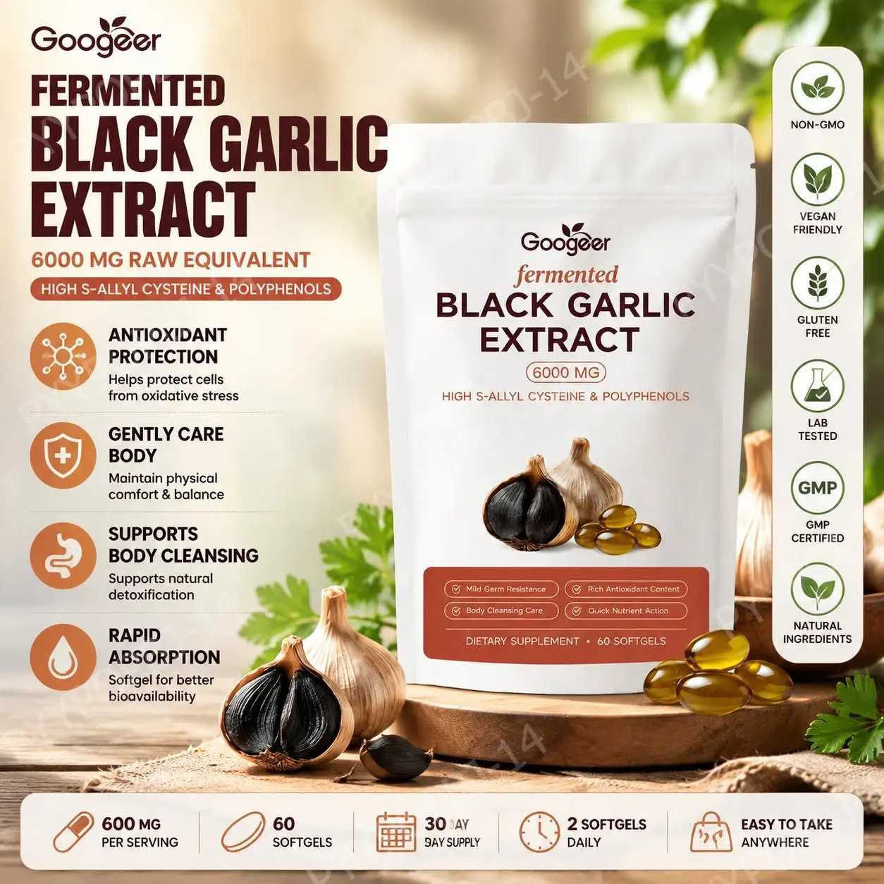 Googeer Fermented Black Garlic Extract Softgels with Antioxidant Protection and S-Allyl Cysteine & Polyphenols 60 Softgels