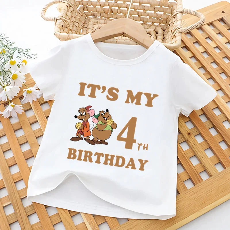 Cute Jaq and Gus Mouse Print Kids T shirt It's My 1 2 3 4 5 6 7 8 9 Years Birthday Baby Girls Clothes Children Boys T-Shirts