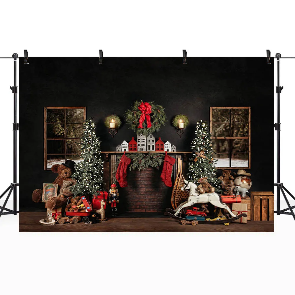 Mocsicka Baby Kids Photography Background Christmas Wreath Fireplace Black Wall Family Portrait Backdrop Photo Studio Photoshoot