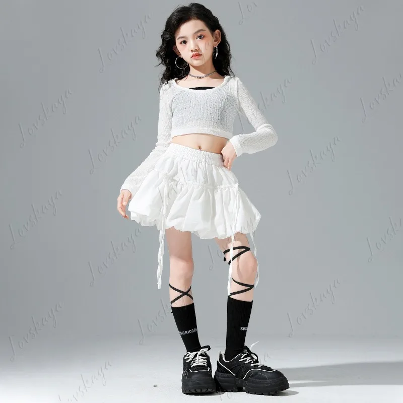 

Korean Style Girls Jazz Dance Costume Crop Top Tutu Skirt Set Kids Hip Hop Girl Group Stage Show Outfit