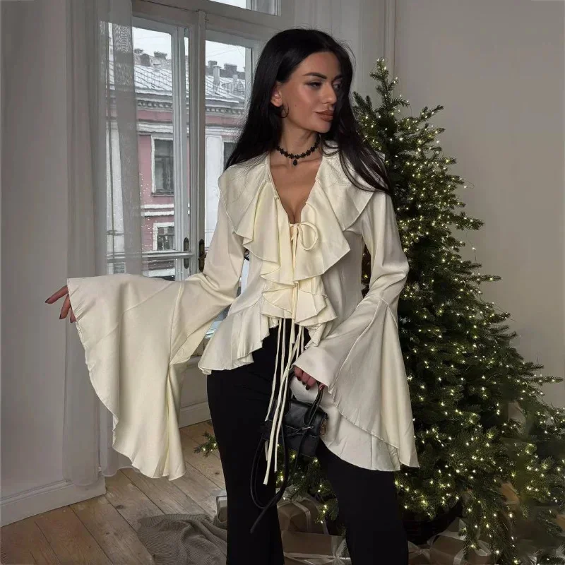 Spring Ruffles Lace Up Women Loose Shirts Top Elegant V Neck Flare Long Sleeve Blouses 2025 New Female Casual High Street Shirt