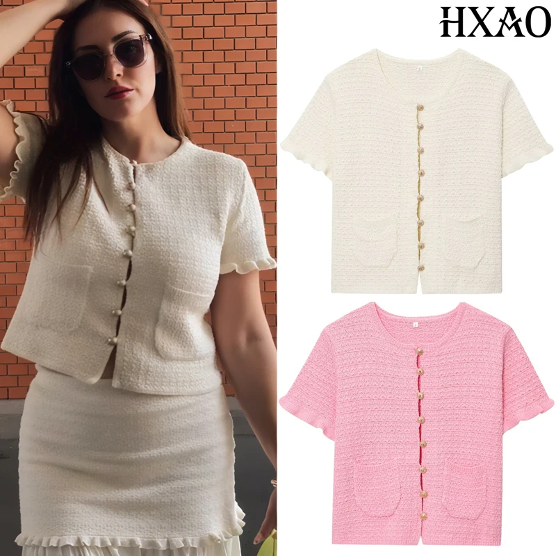 

HXAO Cardigan For Women Winter Button Sweater Summer Knit Tops Female Pink White Knitted Short -Sleeved Crop Cute Tops Knitwears