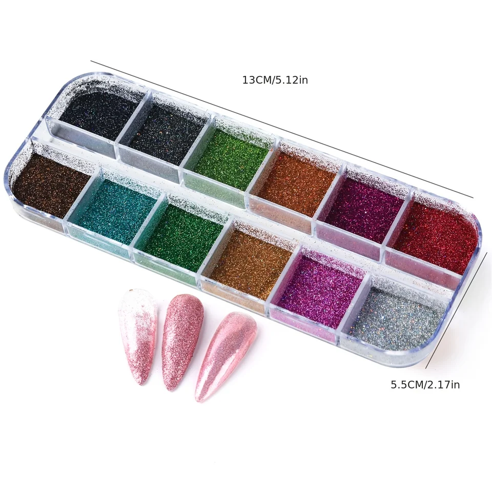 Set de polvo holográfico plateado, rub negro, rosa, cromo, brillantina láser para uñas, manicura DIY 5