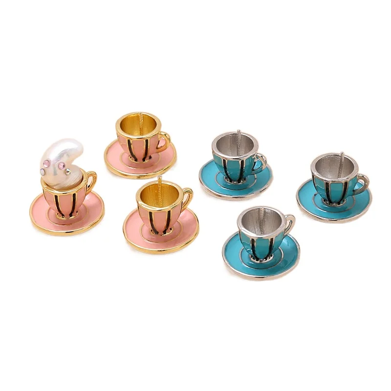 1 piece copper plated real gold dripping oil lovely coffee cup base DIY hand made jewelry baroque pearl pin accessories material