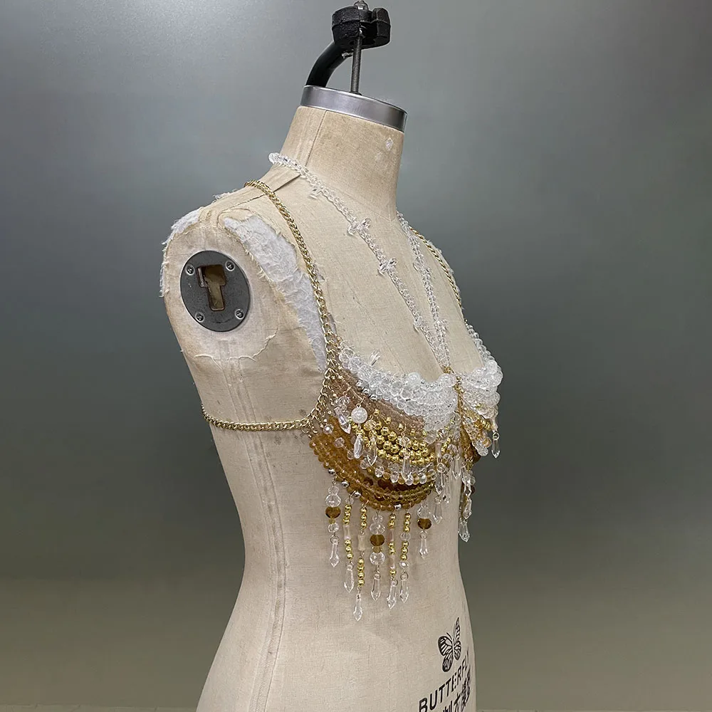 XYMY Handgemachte BH Kristall Hosenträger Transparent Hohl Quaste Schmuck Top Sexy Frau Strand Yacht Geburtstag Party Körper Kette