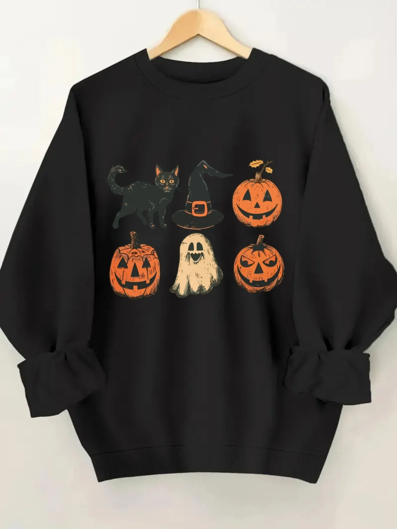 Women's Crew Neck Pullover Sweatshirt Halloween Cat Pumpkin Design, Soft Casual Long Sleeve, Daily Casual Top Outfit, Winter Women's Clothing, Halloween Costume Outfit
