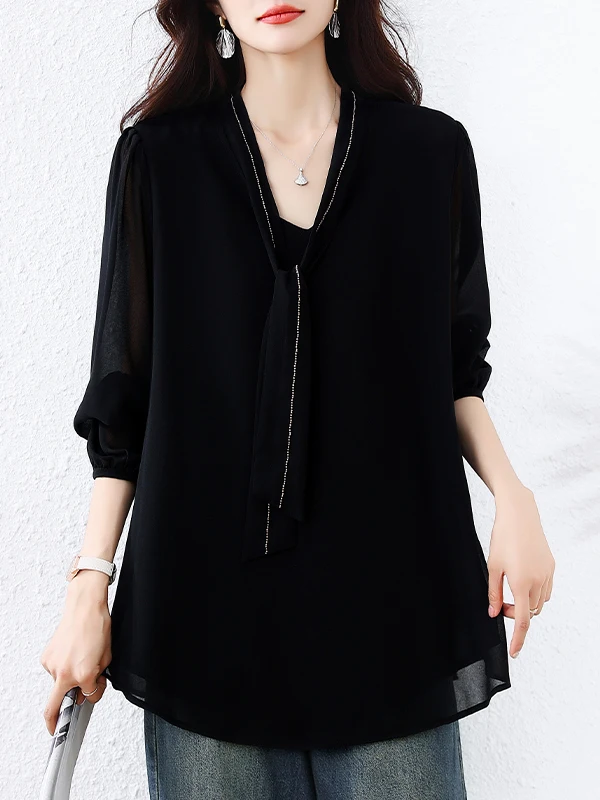 

Bla Chiffon irt Women's Long Sve Midi Base irt Belly Concealing Slimming Top Casual Loose Fit V-Ne Autumn Wear