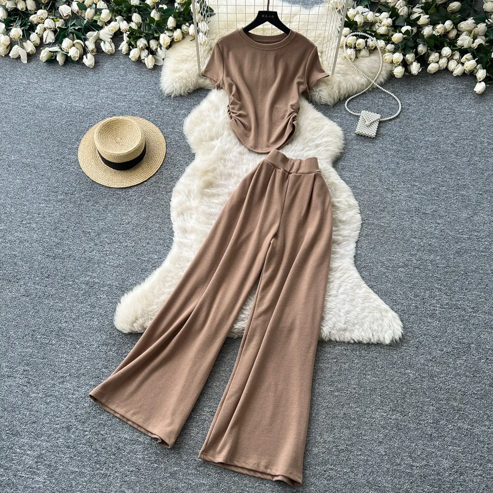 

Pant Set Women Two Piece Sets Round Neck Solid Short Sleeve Tops Wide Leg Long Pants Elastic Waist Y2k Streetwear Elegant 2026