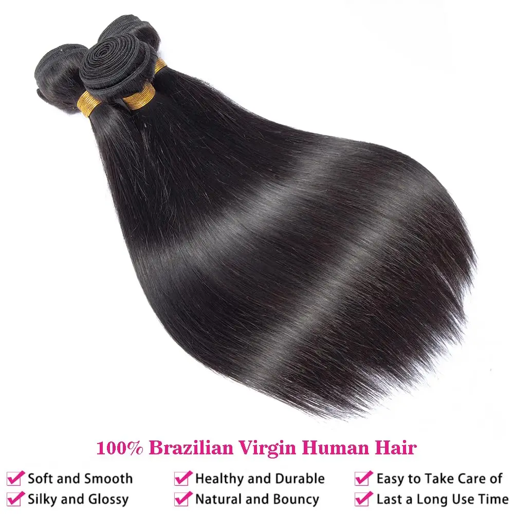 Straight Human Hair Bundles 1/3/4 Piece Brazilian Human Hair Extension Natural Weave Black 1B 24 26 28 30 Inch for Black Women