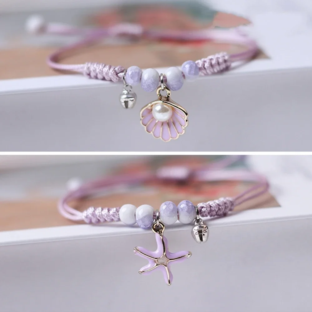 Creative Starfish Shells Pearl Pendant Bracelet Women Girls Handmade Purple Braided  Bangle Adjustable Summer Sand Gifts Jewelry