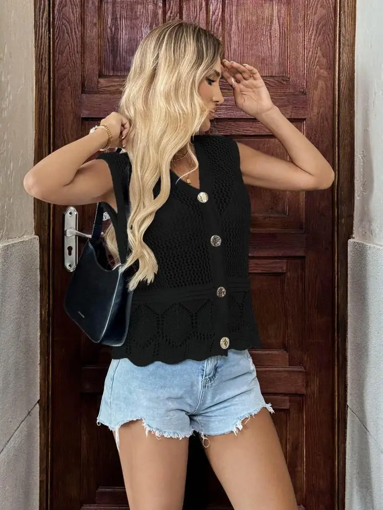 Sweter Rompi Liburan Kerah V Tanpa Lengan Hitam Wanita 2025 Atasan Rajut Seksi Kancing Sebaris Musim Semi Musim Gugur Mode Korea Populer