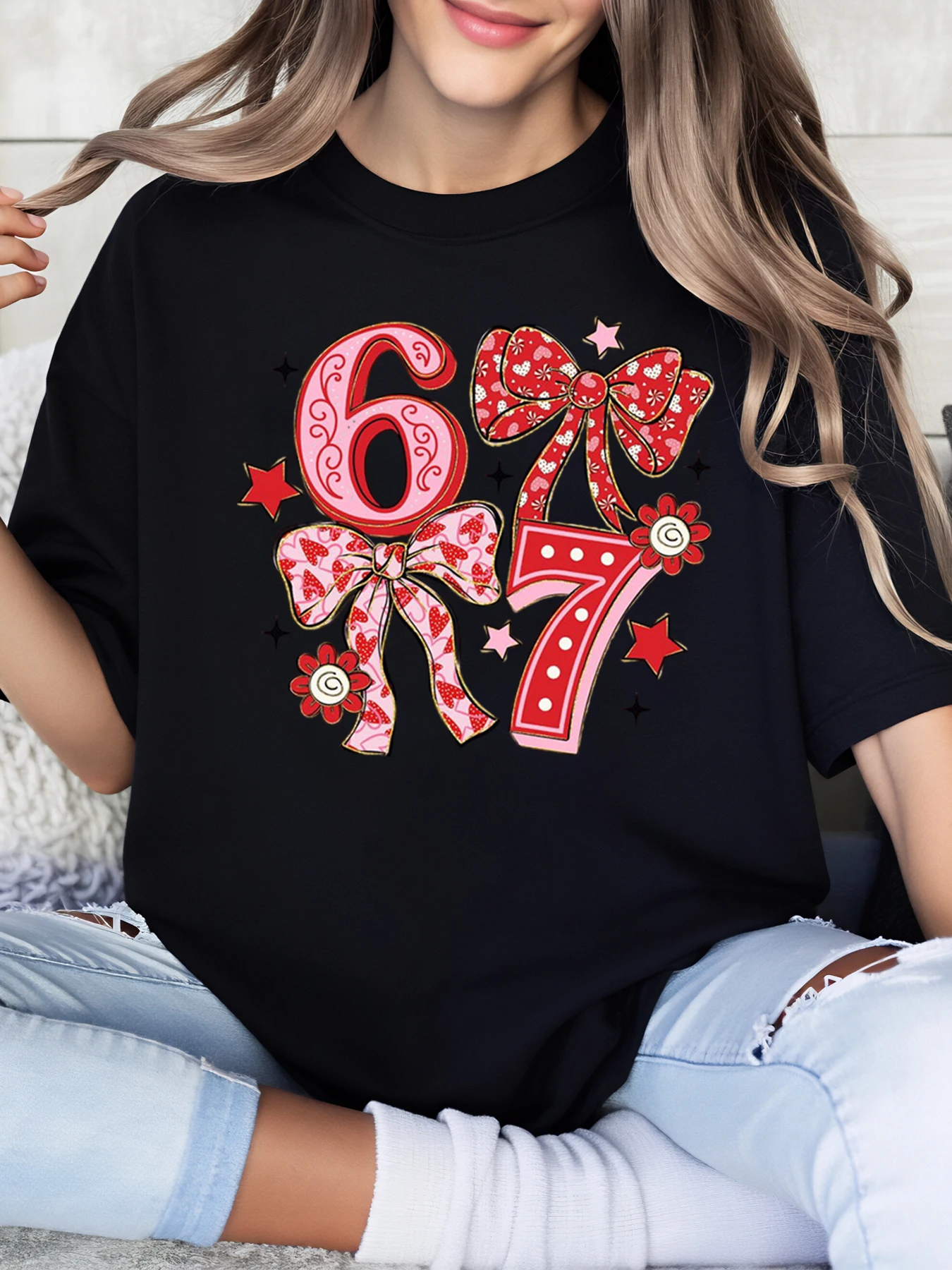 크리스마스 67 번호 리본 디자인 티셔츠 여성 휴일 파티 착용 블랙 플러스 사이즈