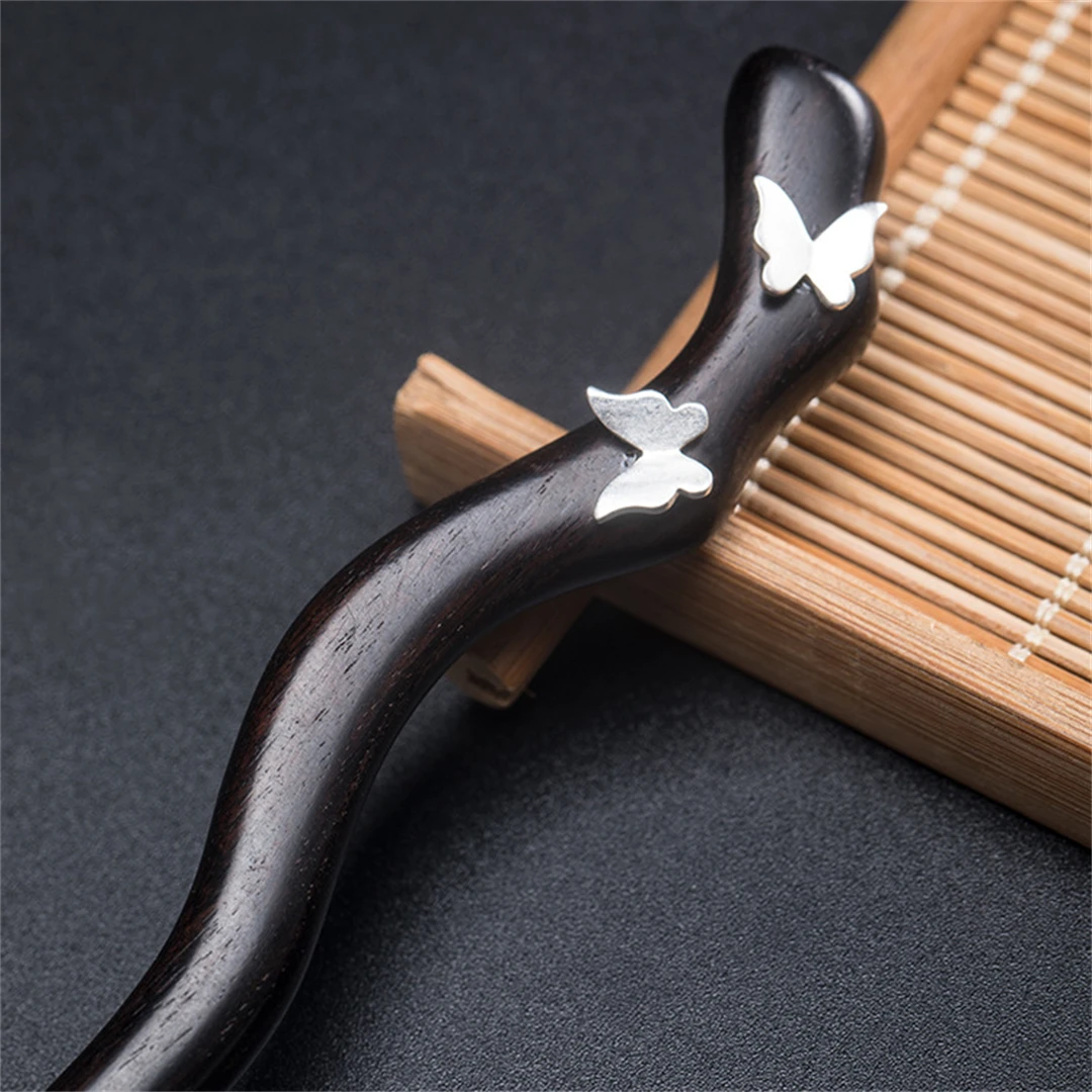 New 100% S925 Pure Silver Women\'s Men Retro Hairpin Ebony Wood Literary Butterfly Chinese style Hanfu Hair Accessories Jewelry