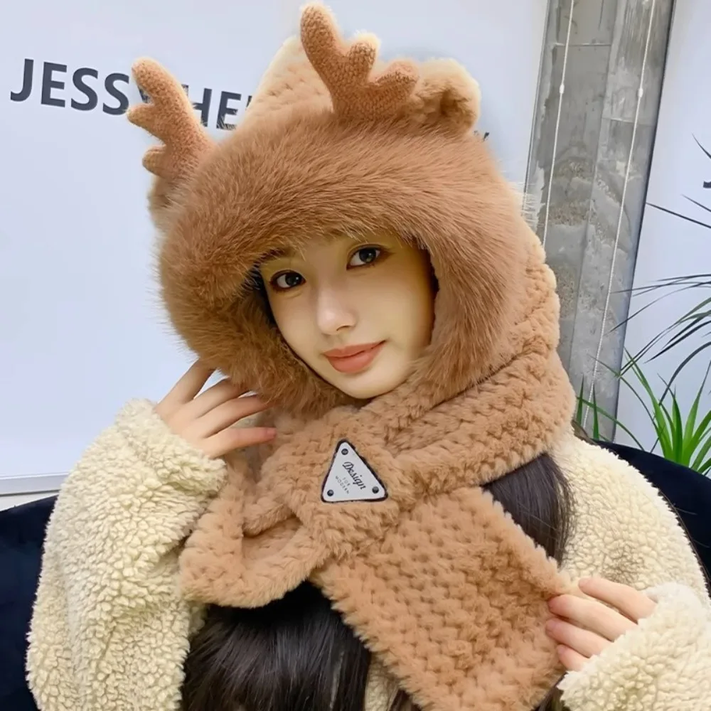 

Fashion Soft Fur Women Hooded Scarf Cross Winter One Piece Hat Scarf Elk Antler Windproof Ear Protection Hat Outdoor