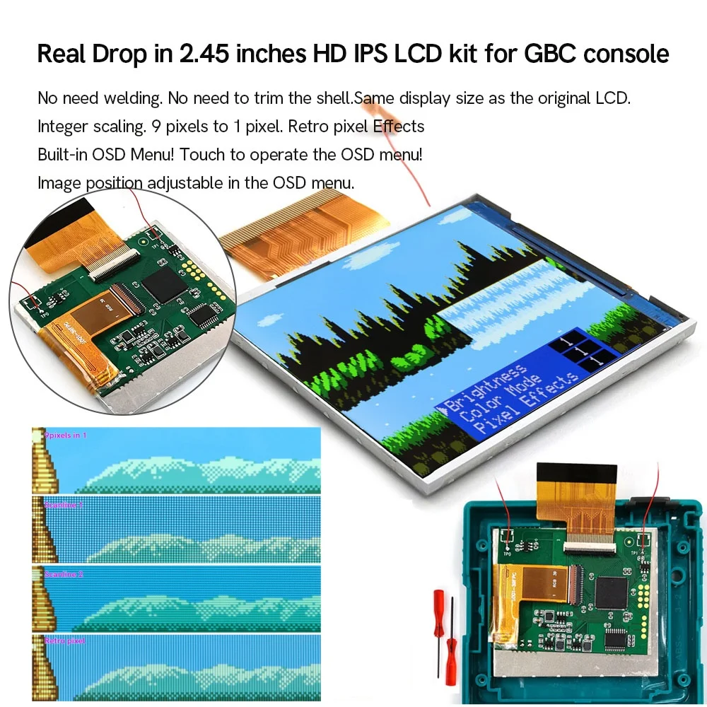 HISPEEDIDO Zestaw do modernizacji GBC z ekranem IPS 2.45 cala z podświetleniem, łatwa instalacja, efekt pikseli OSD, nie wymaga lutowania. — zdjęcie produktu 2