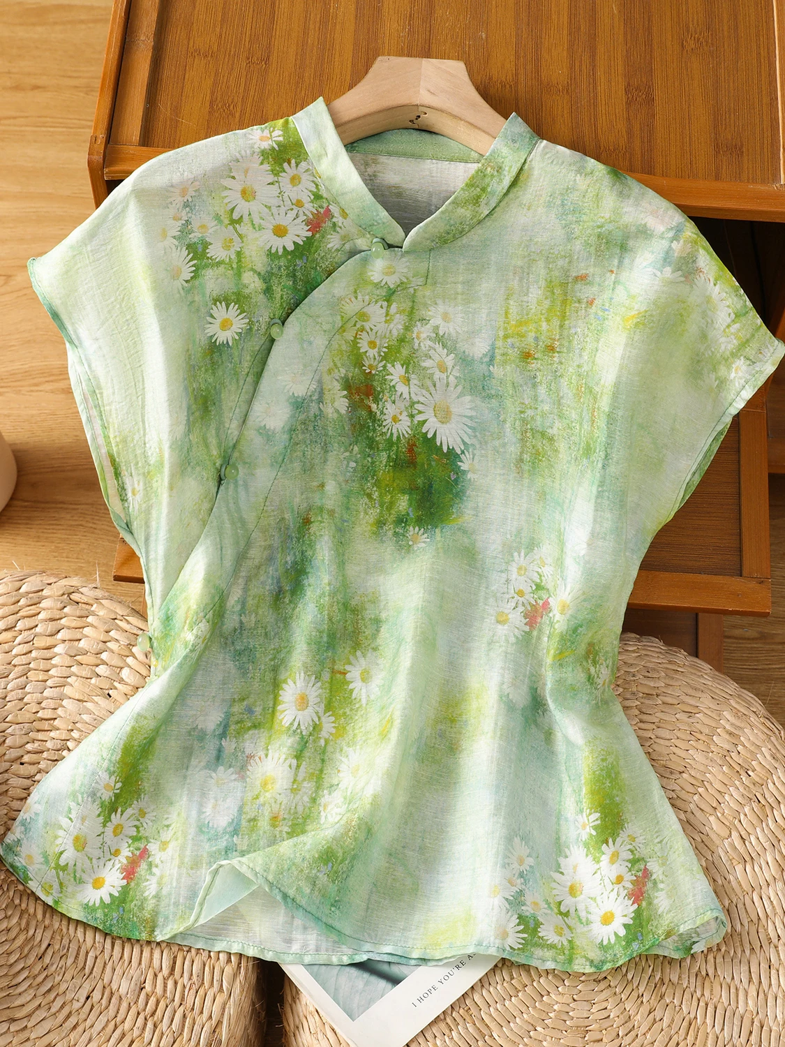 

Новый китайский женский топ больших размеров irt Silk Twist Color irt с косой пуговицей и воротником-стойкой, летний топ, повседневный свободный крой